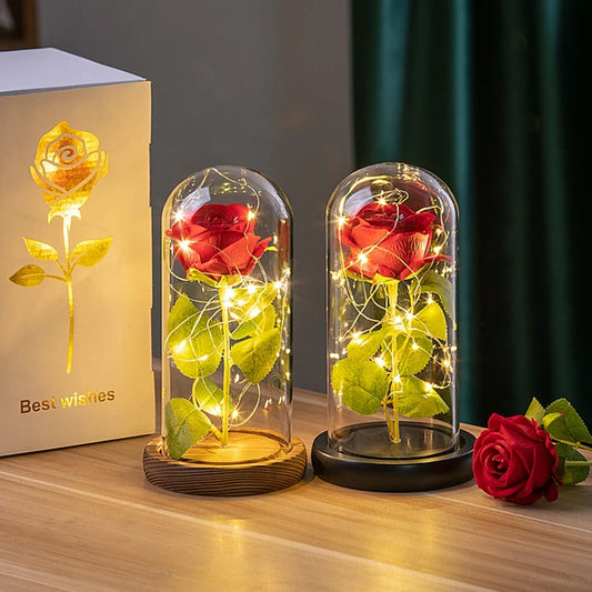 Artificial LED Rose in Glass Dome | Eternal Foil Flower Romantic Gift for Home Decor